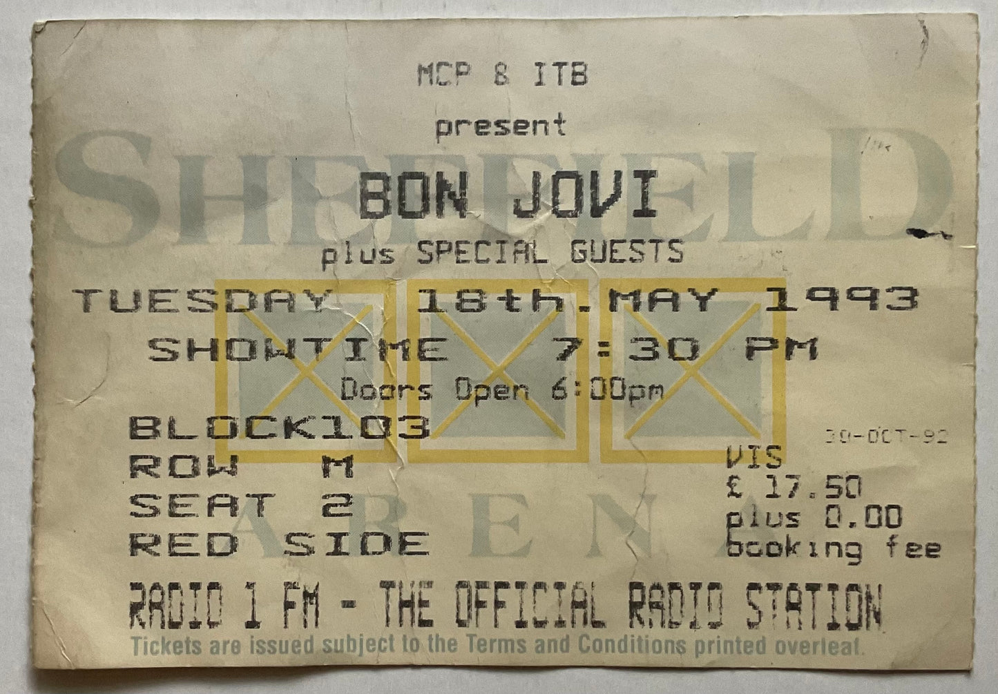 Bon Jovi Original Used Concert Ticket Sheffield Arena 18th May 1993