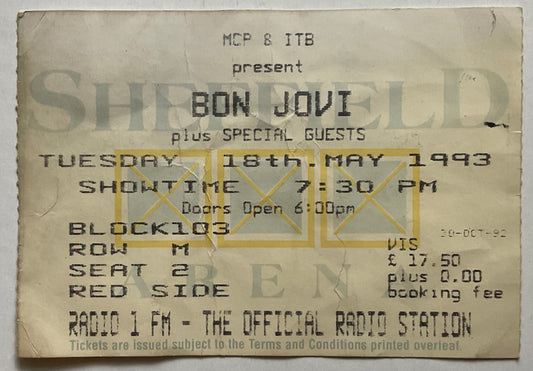 Bon Jovi Original Used Concert Ticket Sheffield Arena 18th May 1993