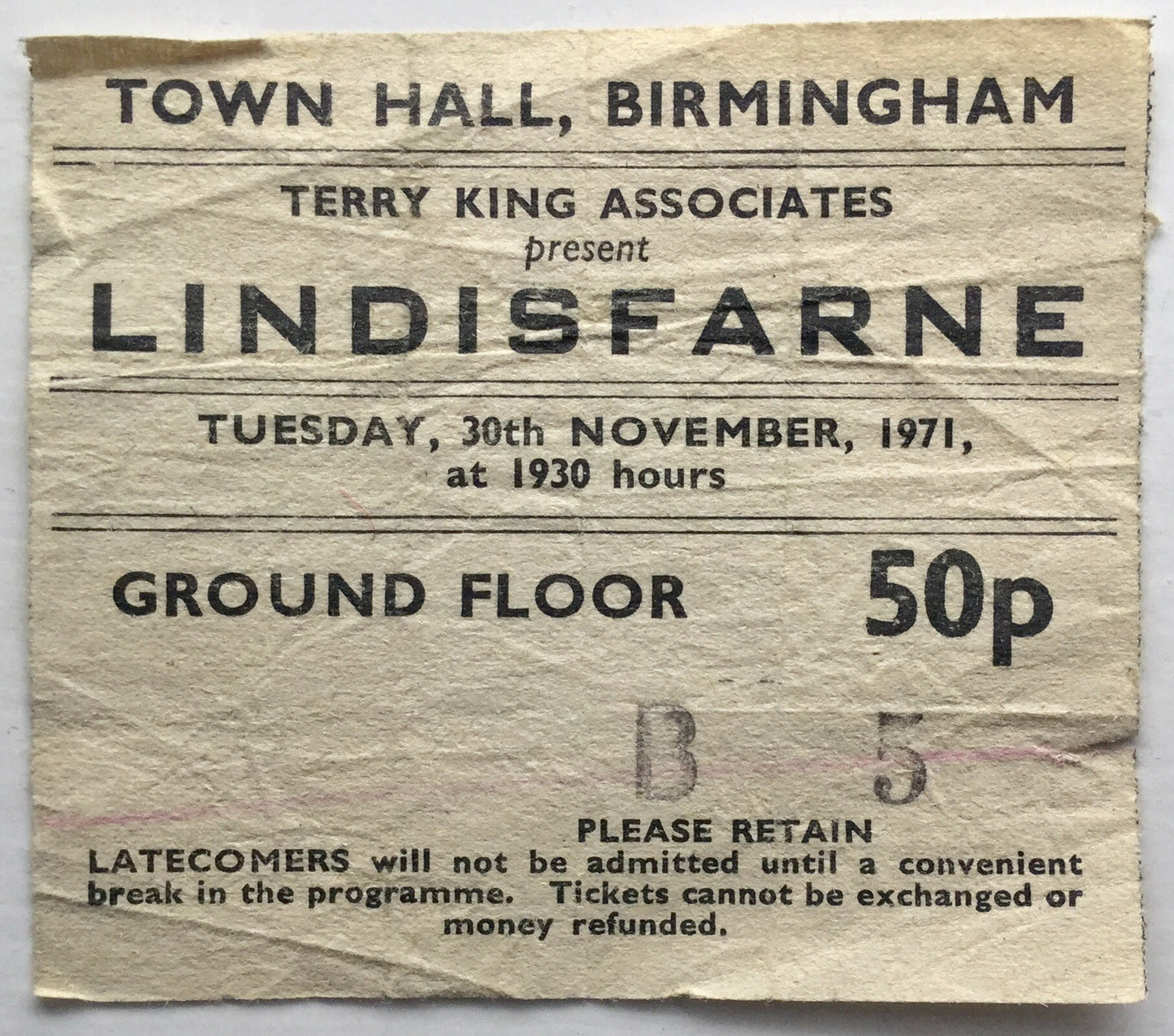 Lindisfarne Original Used Concert Ticket Town Hall Birmingham 30th Nov 1971