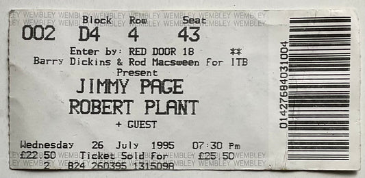 Led Zeppelin Robert Plant Jimmy Page Original Used Concert Ticket Wembley Arena London 26th July 1995