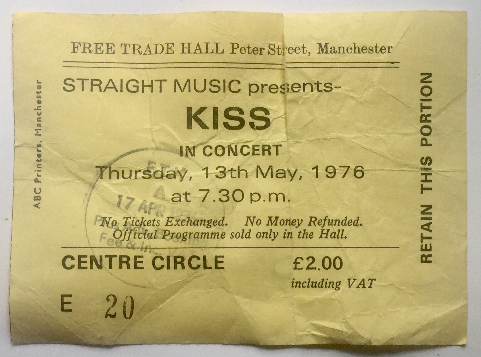 Kiss Original Used Concert Ticket Free Trade Hall Manchester 13th May 1976