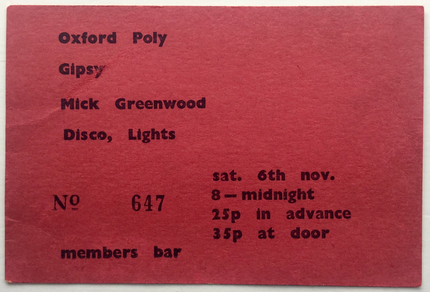 Gipsy Mick Greenwood Original Used Concert Ticket Oxford Polytechnic 6th Nov 1971