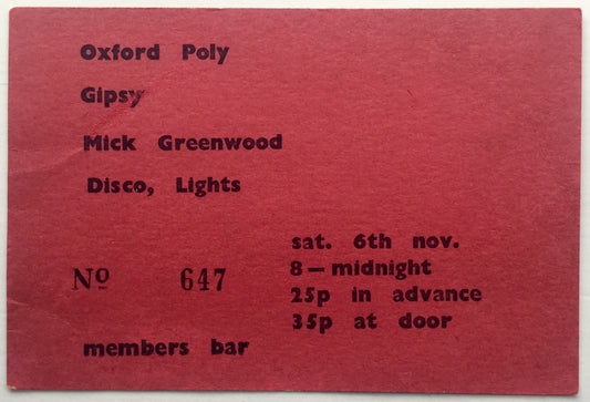 Gipsy Mick Greenwood Original Used Concert Ticket Oxford Polytechnic 6th Nov 1971