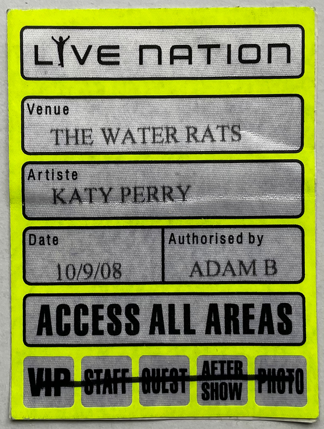 Katy Perry Original Unused Concert Backstage Pass Ticket Water Rats London 10th Sep 2008