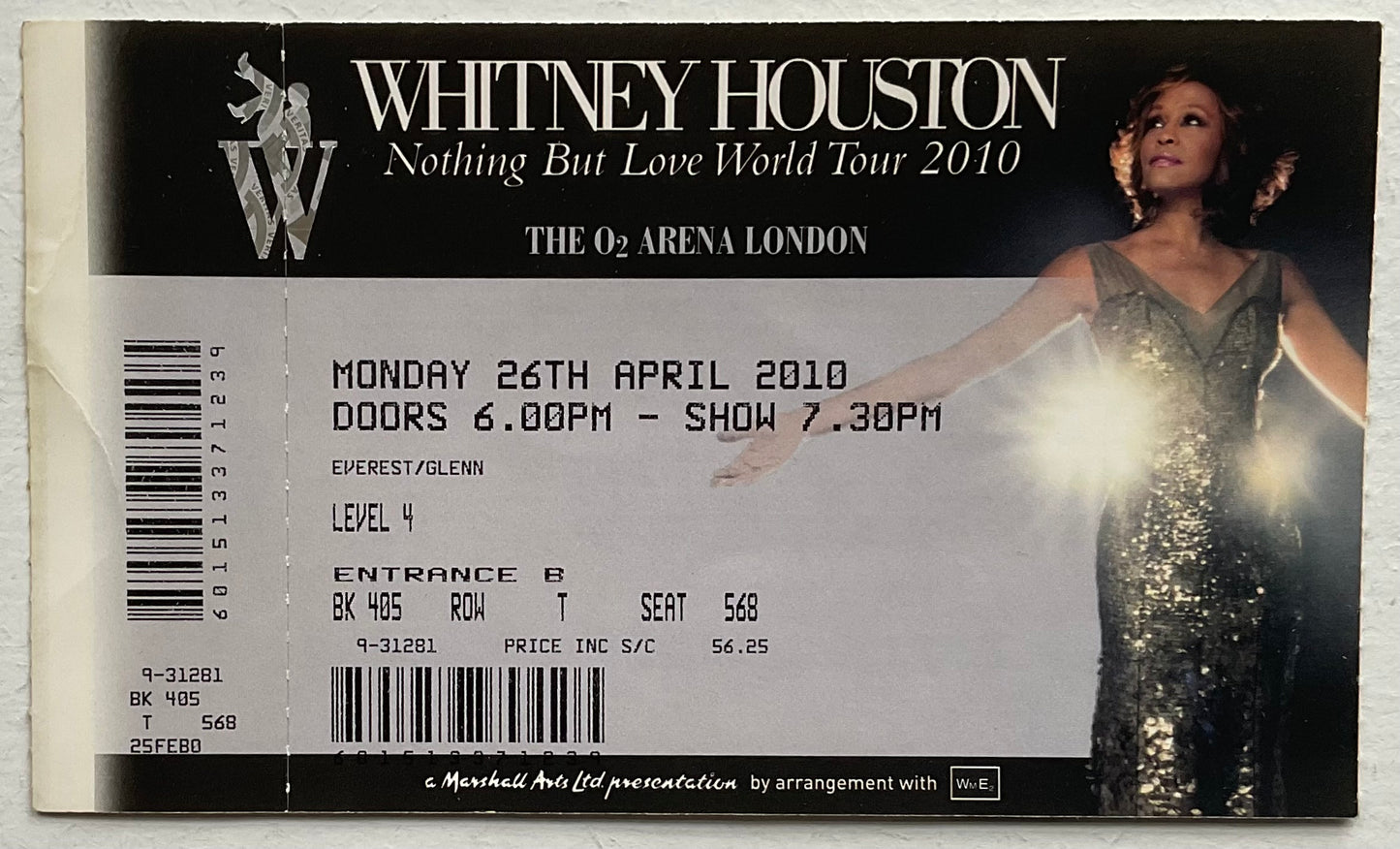 Whitney Houston Original Unused Concert Ticket O2 Arena London 26th Apr 2010