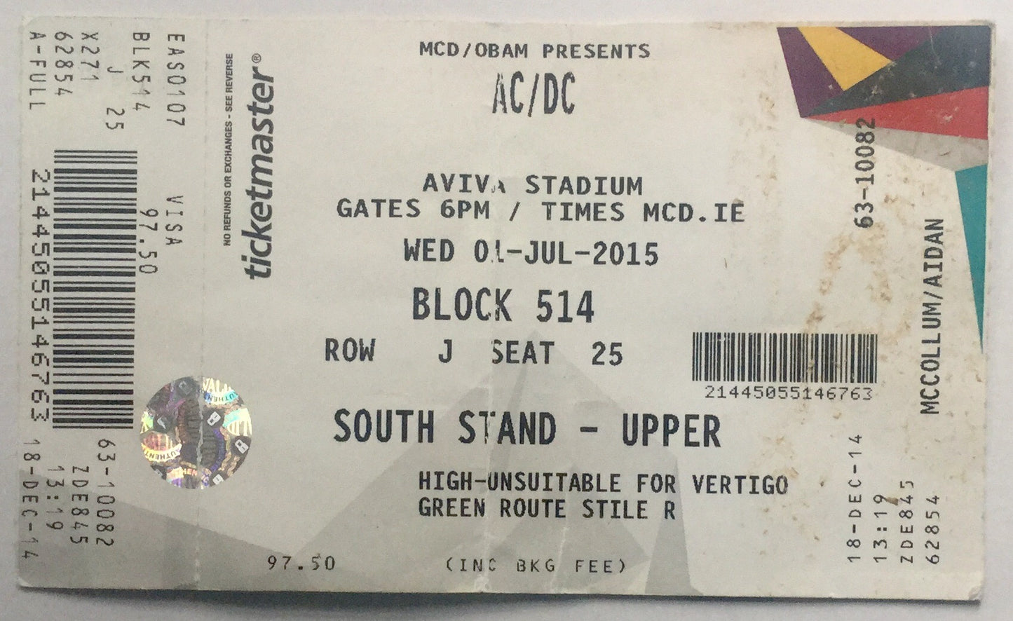 AC/DC Original Unused Concert Ticket Aviva Stadium Dublin 1st July 2015