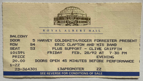 Eric Clapton Original Used Concert Ticket Royal Albert Hall London 28th Feb 1992