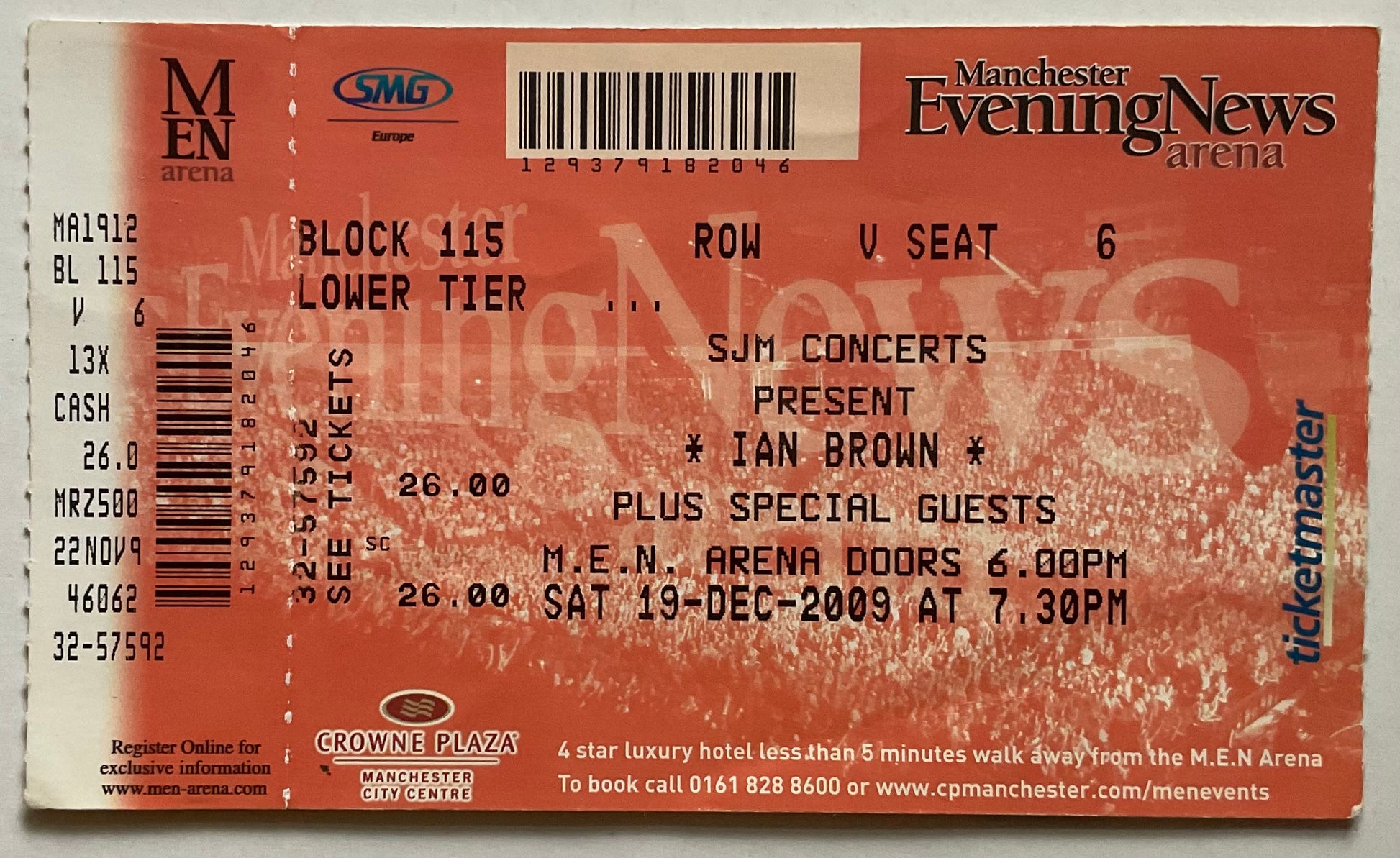 Stone Roses Ian Brown Original Unused Concert Ticket MEN Arena Manchester 19th Dec 2009