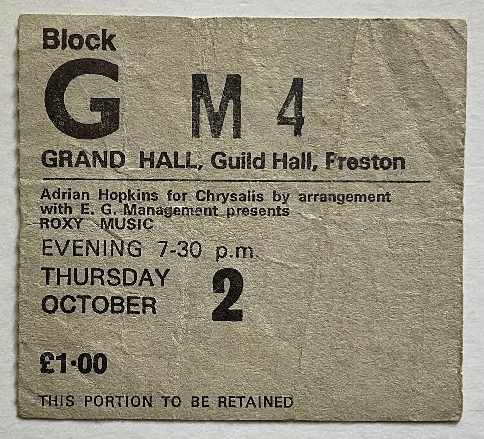 Roxy Music Original Used Concert Ticket Guildhall Preston 2nd Oct 1975