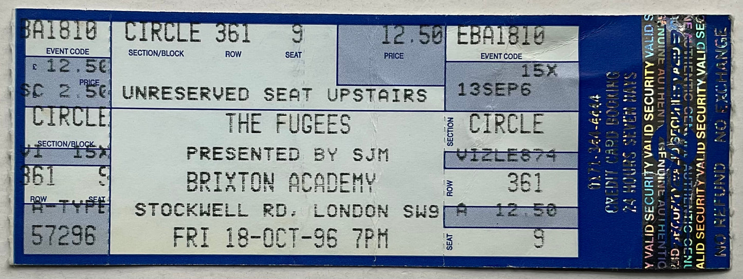 Fugees Original Unused Concert Ticket Brixton Academy London 18th Oct 1996