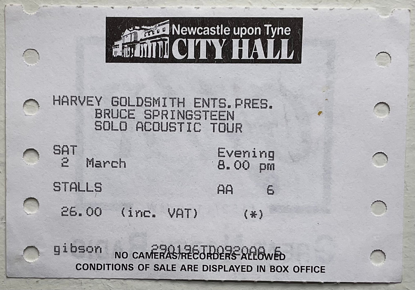 Bruce Springsteen Original Used Concert Ticket City Hall Newcastle 2nd March 1996