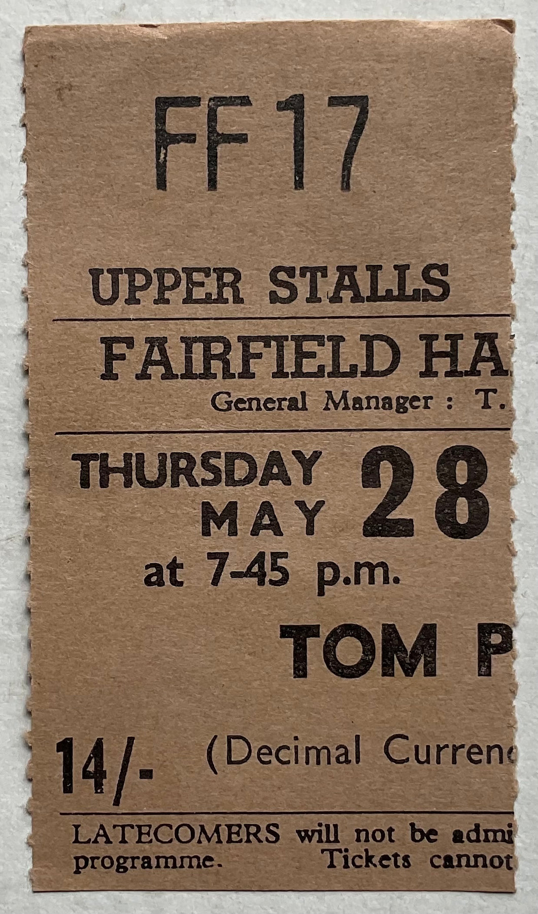 Tom Paxton Original Used Concert Ticket Fairfield Hall Croydon 28th May 1970