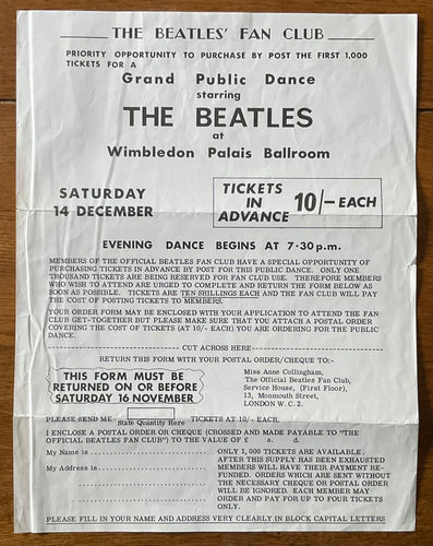 Beatles Original Concert Handbill Flyer Wimbledon Palace London 14th Dec 1963