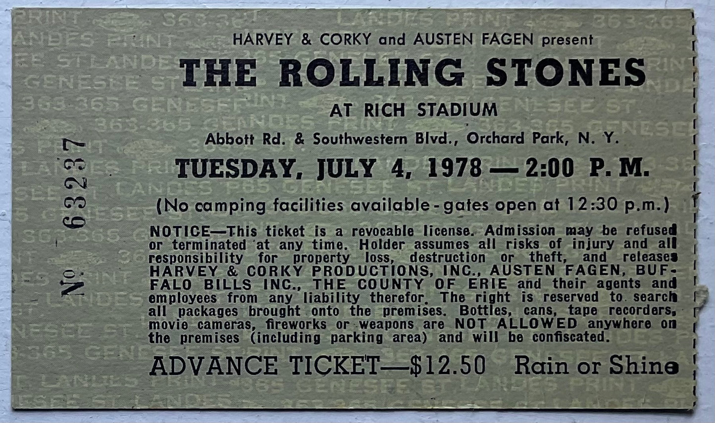 Rolling Stones Original Concert Ticket Rich Stadium Buffalo New York 4th July 1978