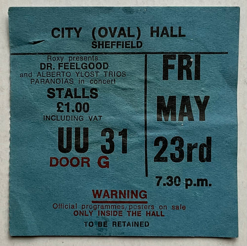 Dr Feelgood Original Used Concert Ticket City Hall Sheffield 23rd May 1975