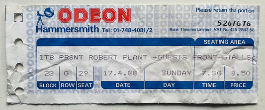 Led Zeppelin Robert Plant Original Used Concert Ticket Hammersmith Odeon London 17th Apr 1988