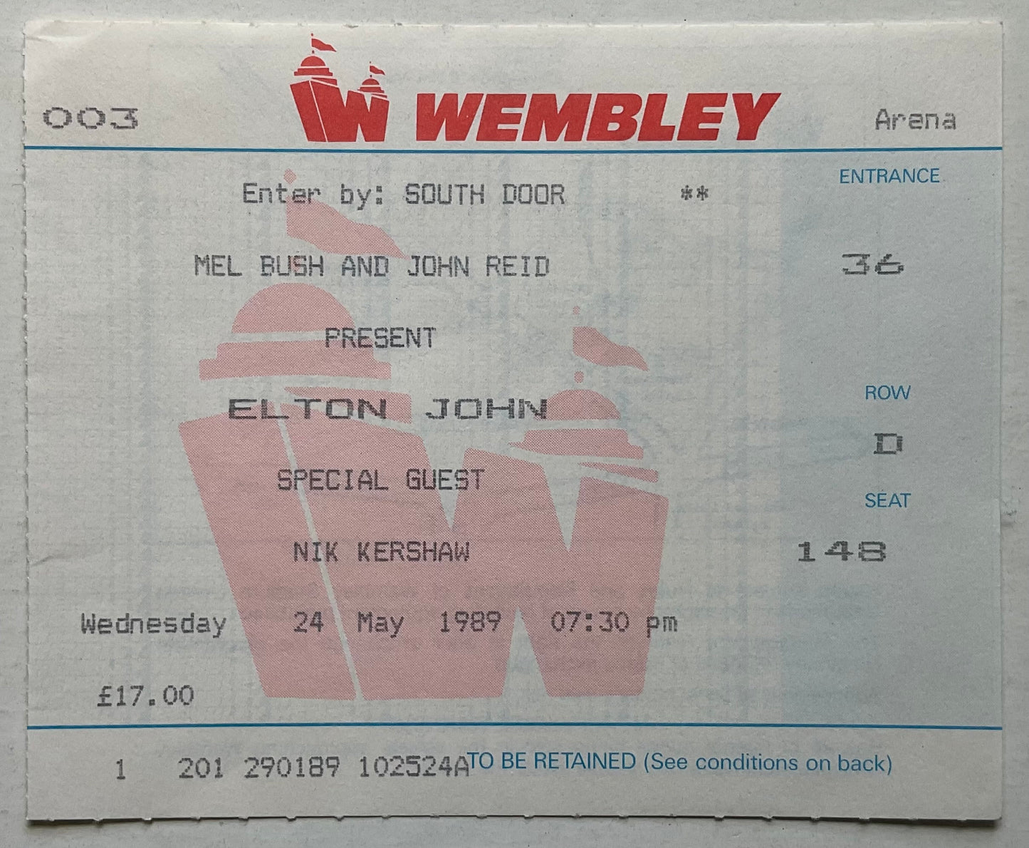 Elton John Original Used Concert Ticket Wembley Arena London 24th May 1989