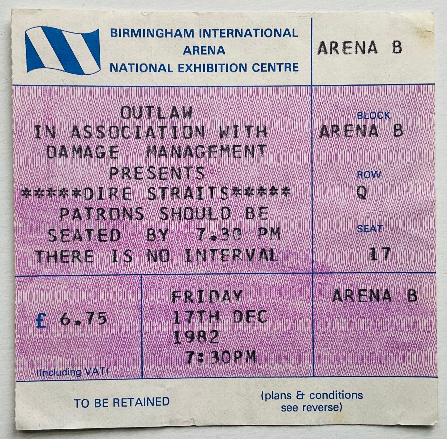 Dire Straits Original Used Concert Ticket NEC Birmingham 17th Dec 1982