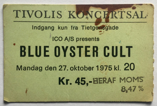 Blue Oyster Cult Original Used Concert Ticket Tivolis Koncertsal Copenhagen 27th Oct 1975