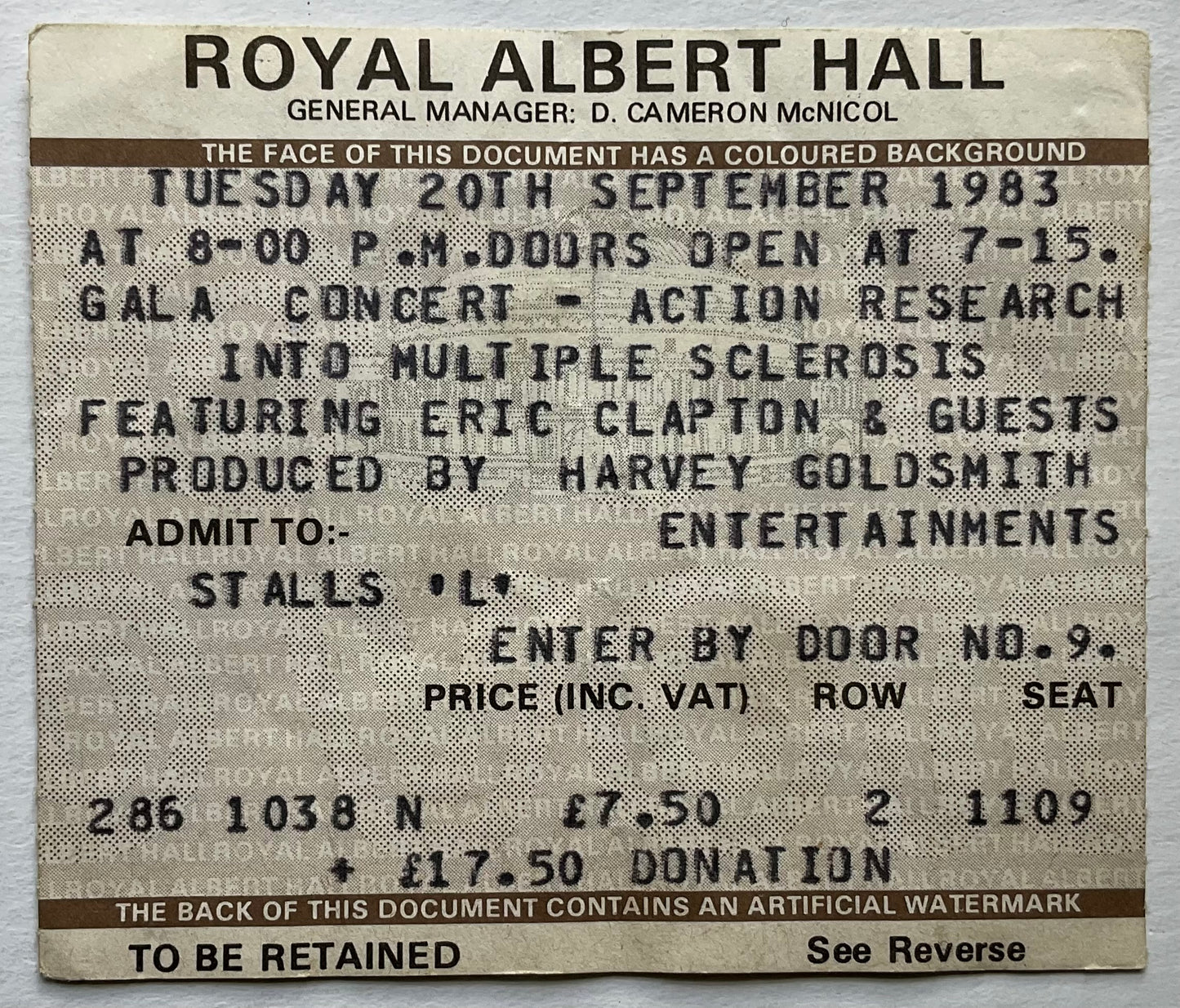 Eric Clapton Jimmy Page Original Concert Ticket Royal Albert Hall London 20th Sep 1983