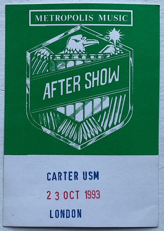 Carter USM Original Unused Green Concert Backstage Pass Ticket Brixton Academy London 23rd Oct 1993