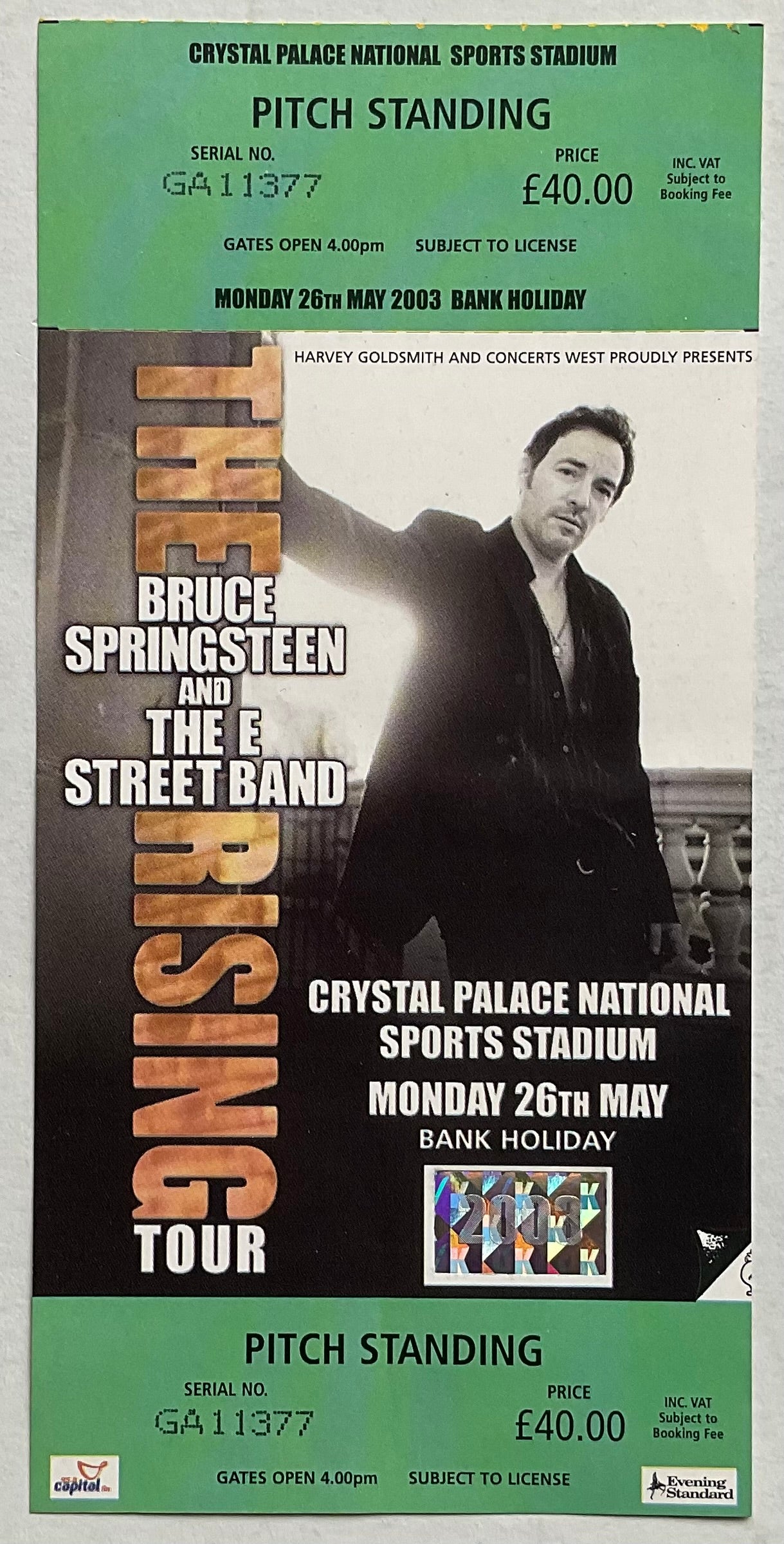 Bruce Springsteen Original Unused Concert Ticket Crystal Palace National Sports Centre 26th May 2003