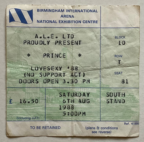 Prince Original Used Concert Ticket NEC Birmingham 6 Aug 1988