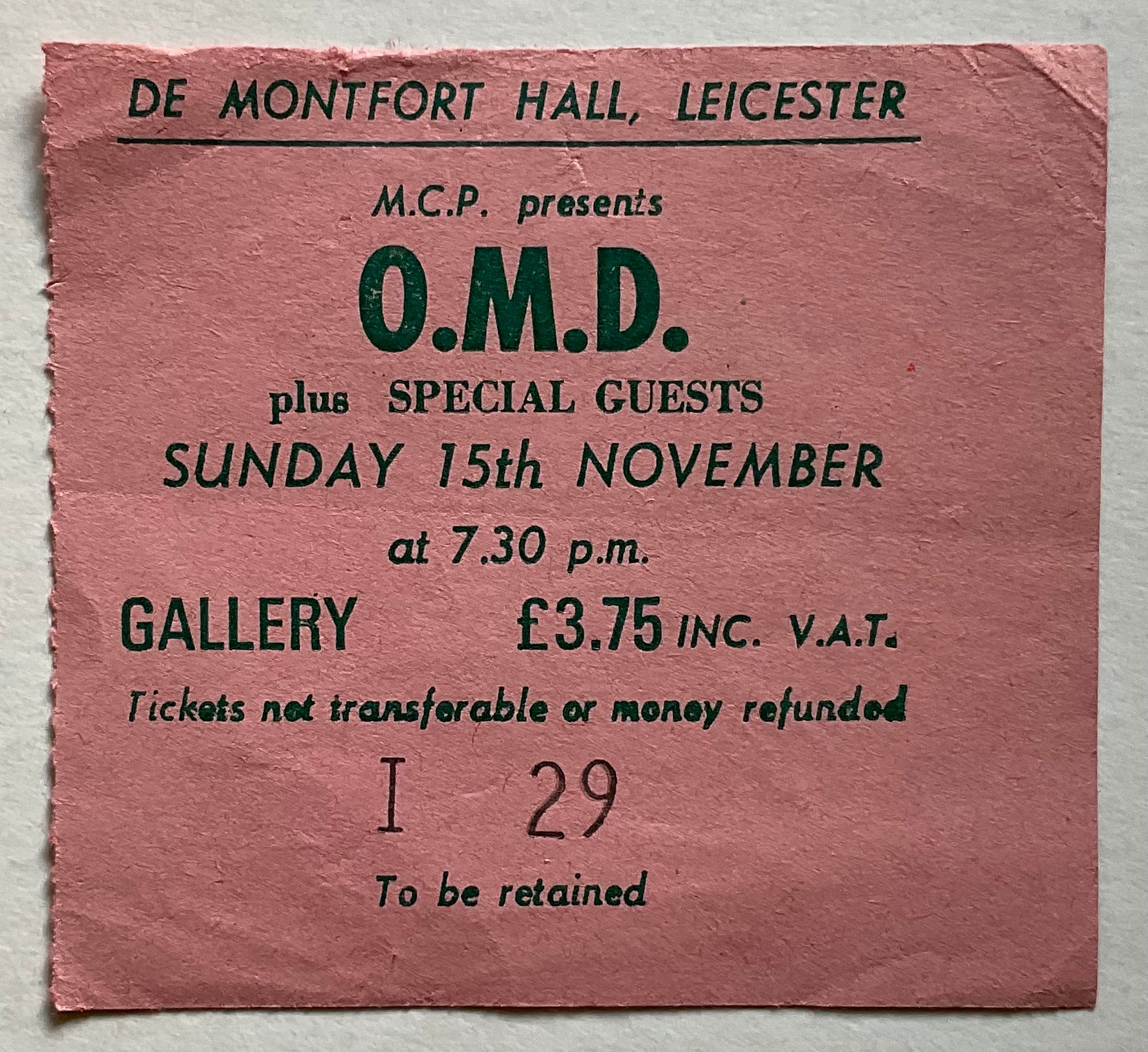 Orchestral Manoeuvres in the Dark OMD Original Used Concert Ticket De Montfort Hall Leicester 15th Nov 1982