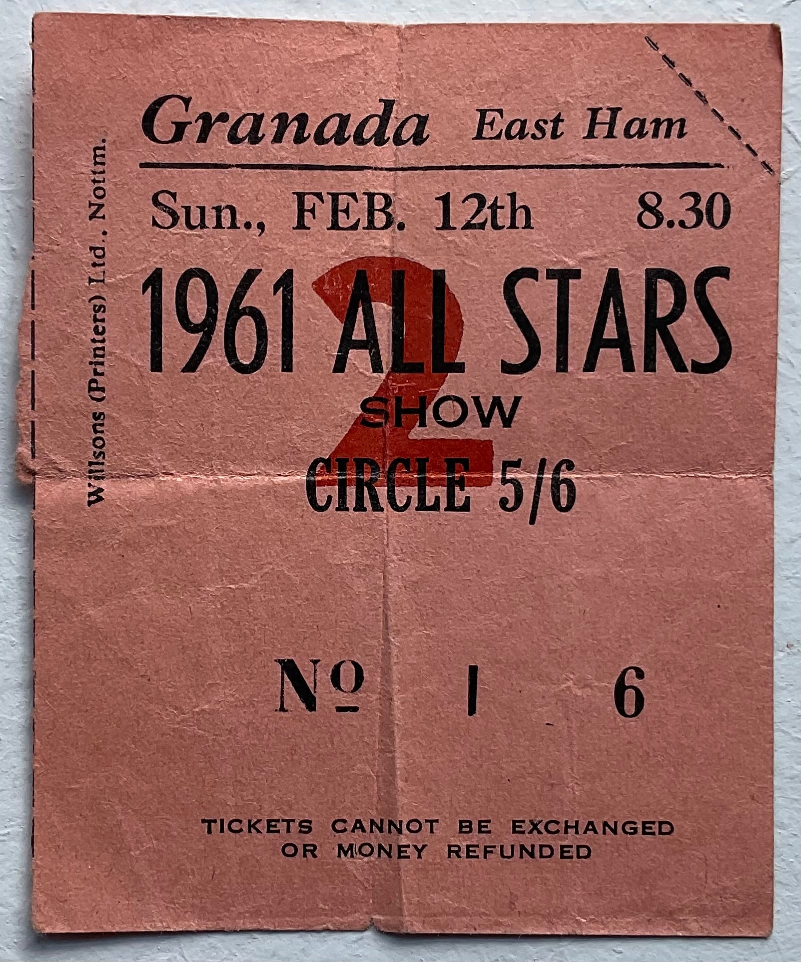Gene Vincent Original Concert Ticket Granada Theatre East Ham 12th Feb 1961