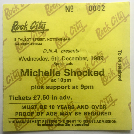 Michelle Shocked Original Used Concert Ticket Rock City Nottingham 6th Dec 1989