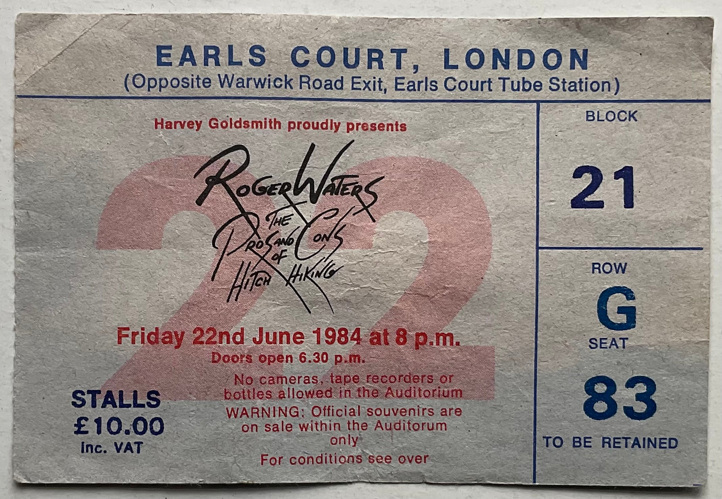 Roger Waters Eric Clapton Original Used Concert Ticket Earls Court London 22nd June 1984