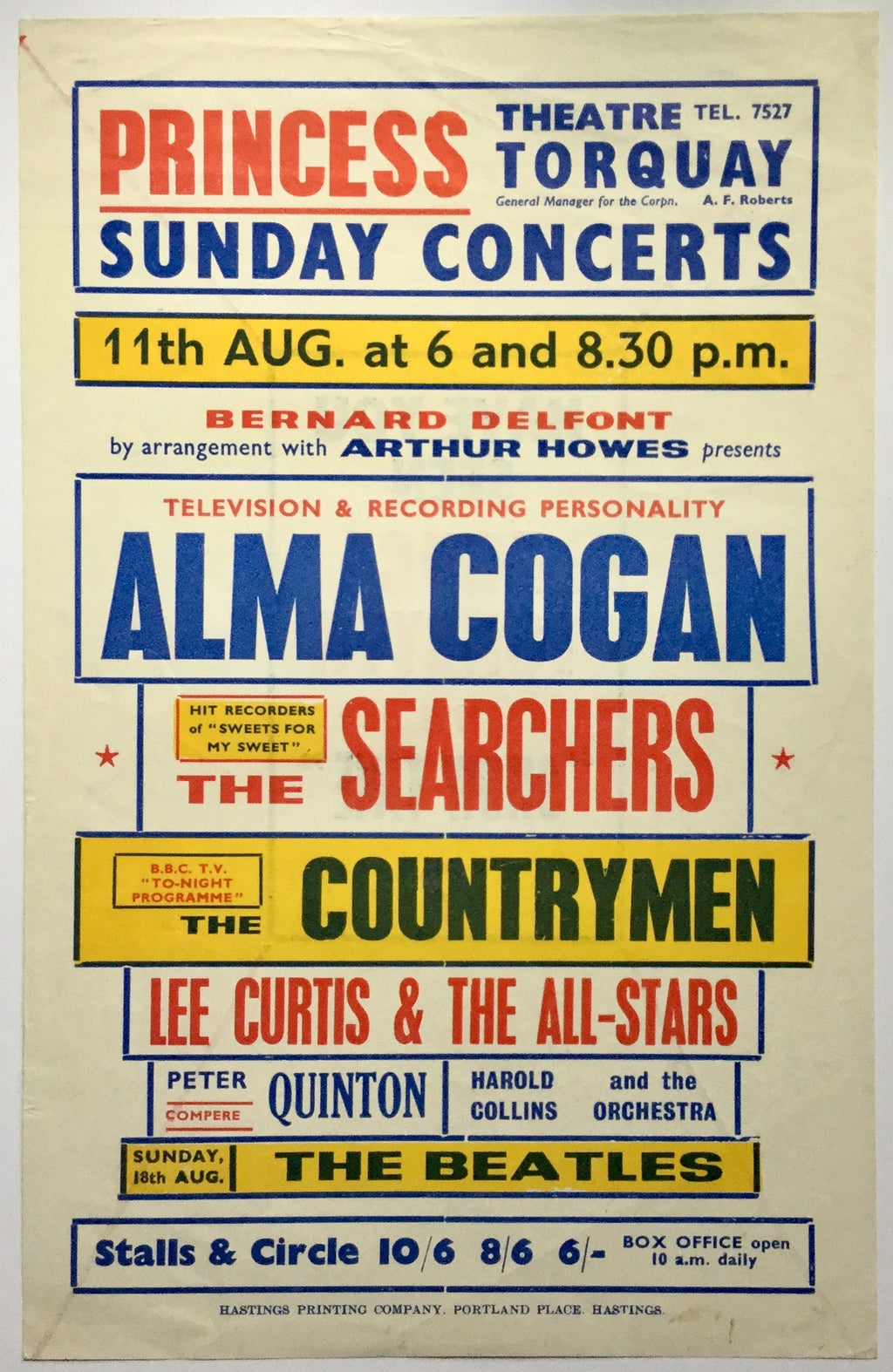 Beatles Original Concert Handbill Flyer Princess Theatre Torquay 18th Aug 1963