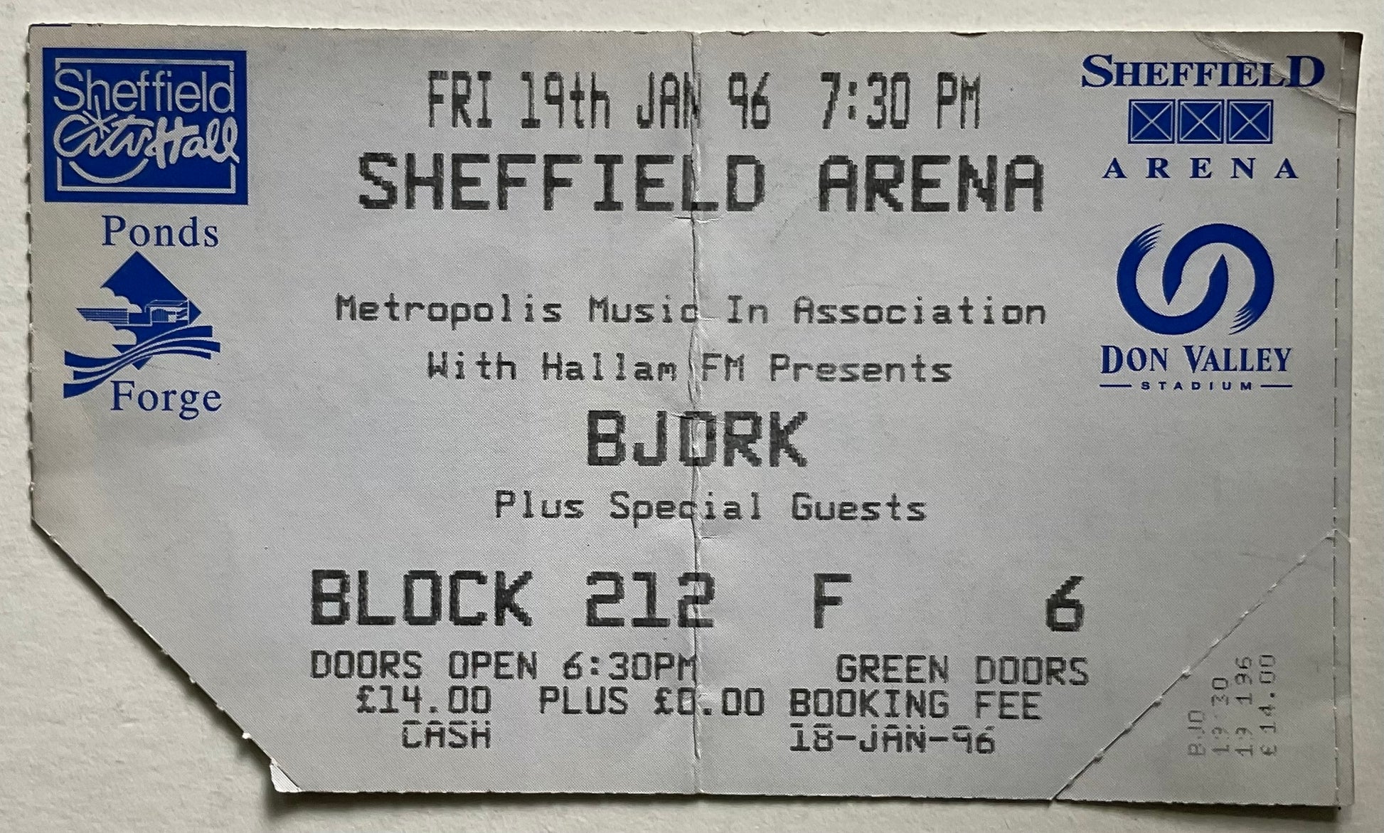 Bjork Original Used Concert Ticket Sheffield Arena 19th Jan 1996