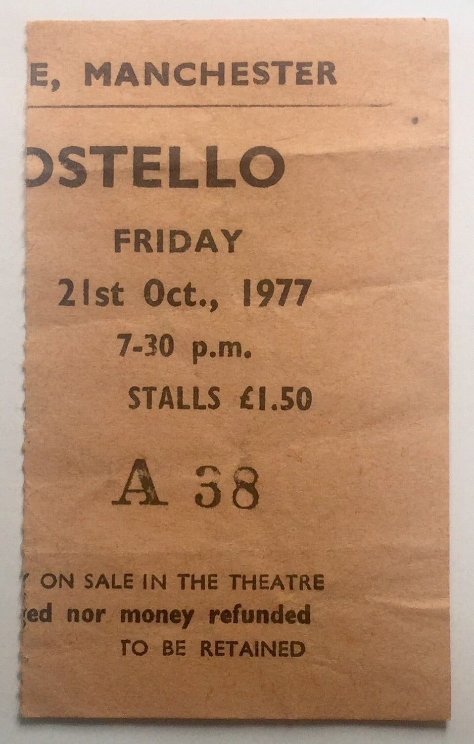 Elvis Costello Original Used Concert Ticket Apollo Theatre Manchester 21st Oct 1977
