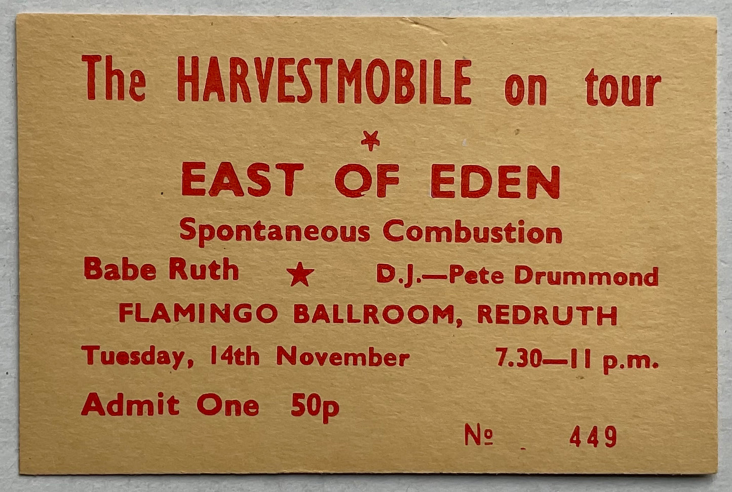 East of Eden Original Concert Ticket Flamingo Ballroom Redruth 1972