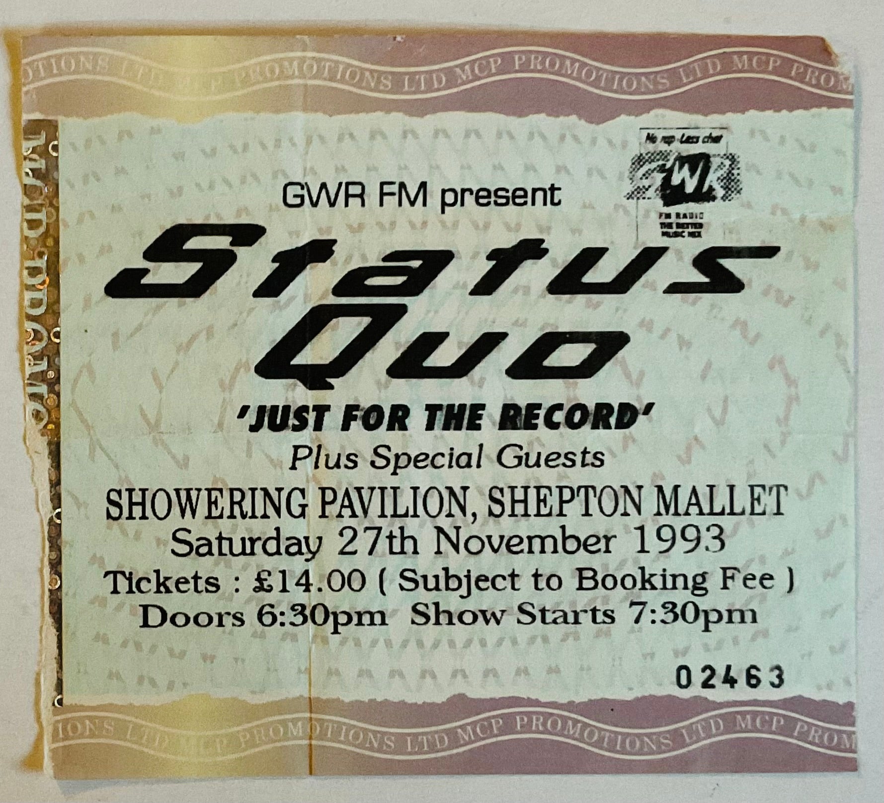 Status Quo Original Used Concert Ticket Showering Pavilion Shelton Mallet 27th Nov 1993