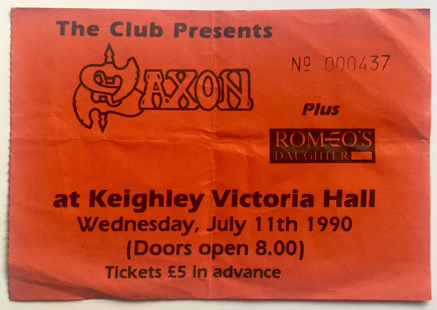 Saxon Original Used Concert Ticket Keighley Victoria Hall 11th July 1990