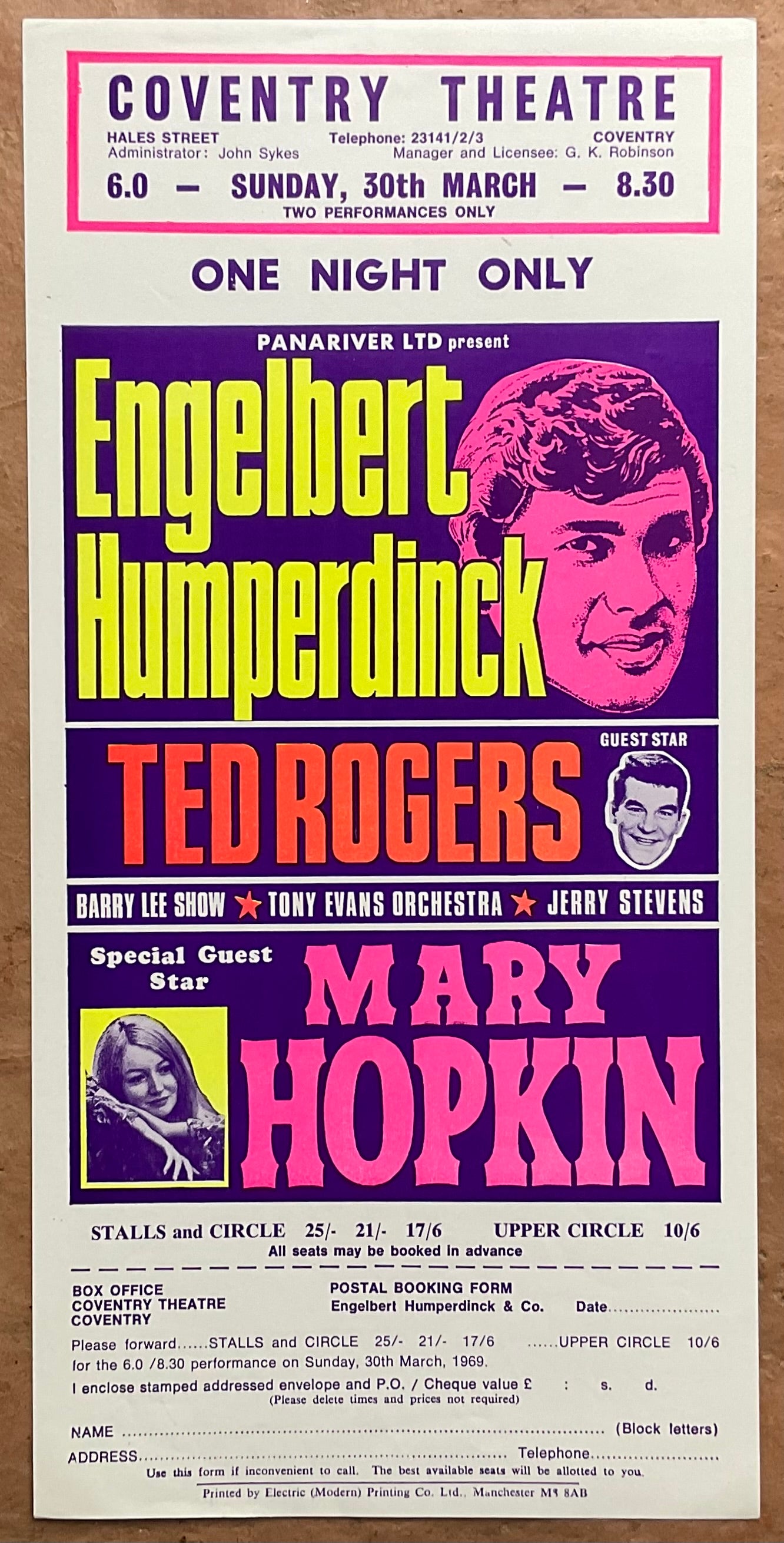 Mary Hopkin Engelbert Humperdinck Original Concert Handbill Flyer Coventry Theatre 1969