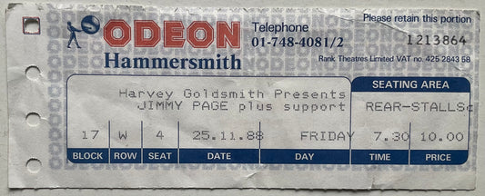 Led Zeppelin Jimmy Page Original Used Concert Ticket Hammersmith Odeon London 25th Nov 1988