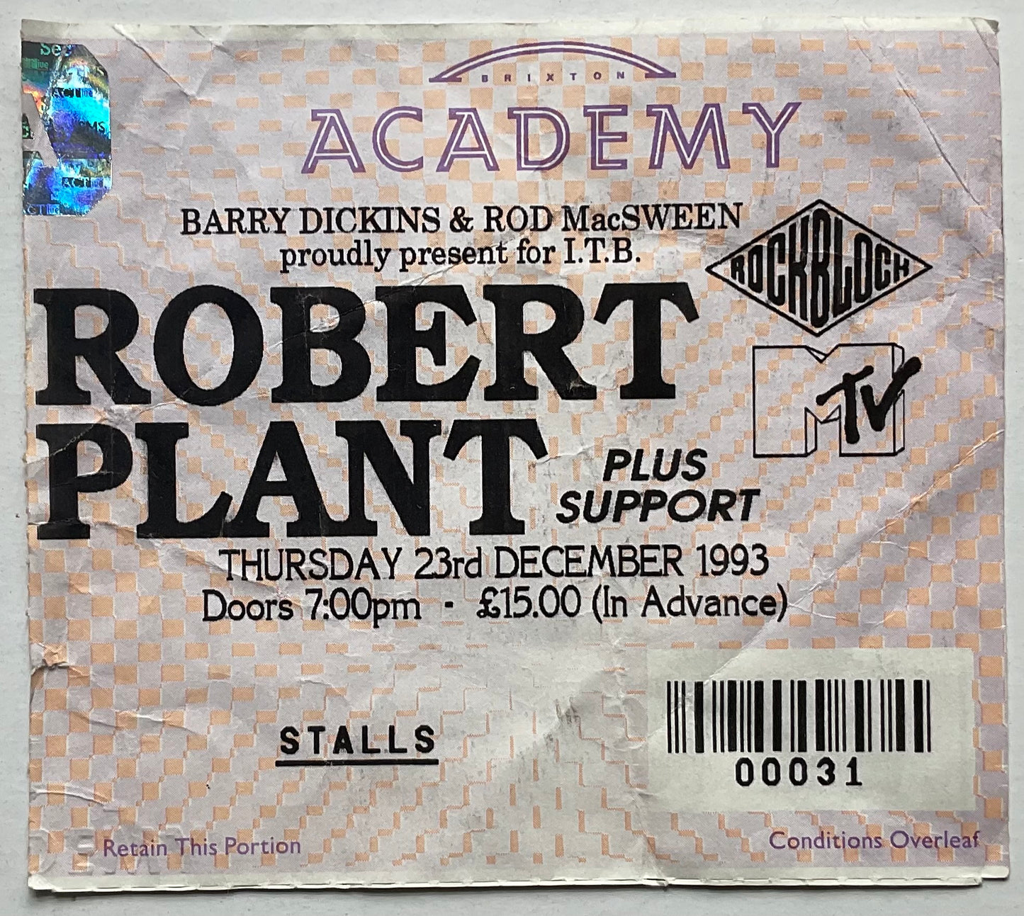 Led Zeppelin Robert Plant Original Used Concert Ticket Brixton Academy London 23rd Dec 1993