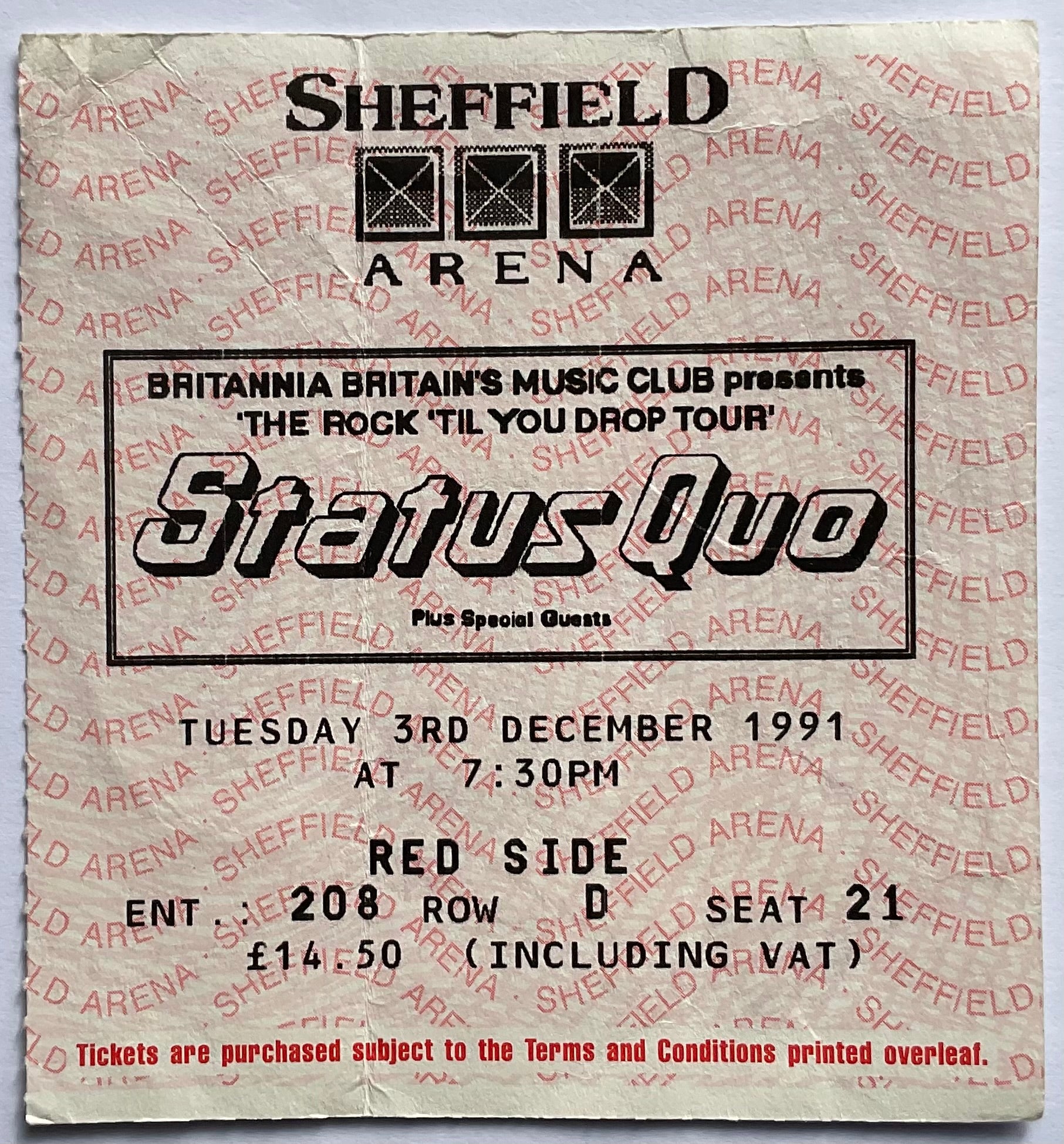 Status Quo Original Used Ticket Sheffield Arena 3rd Dec 1991