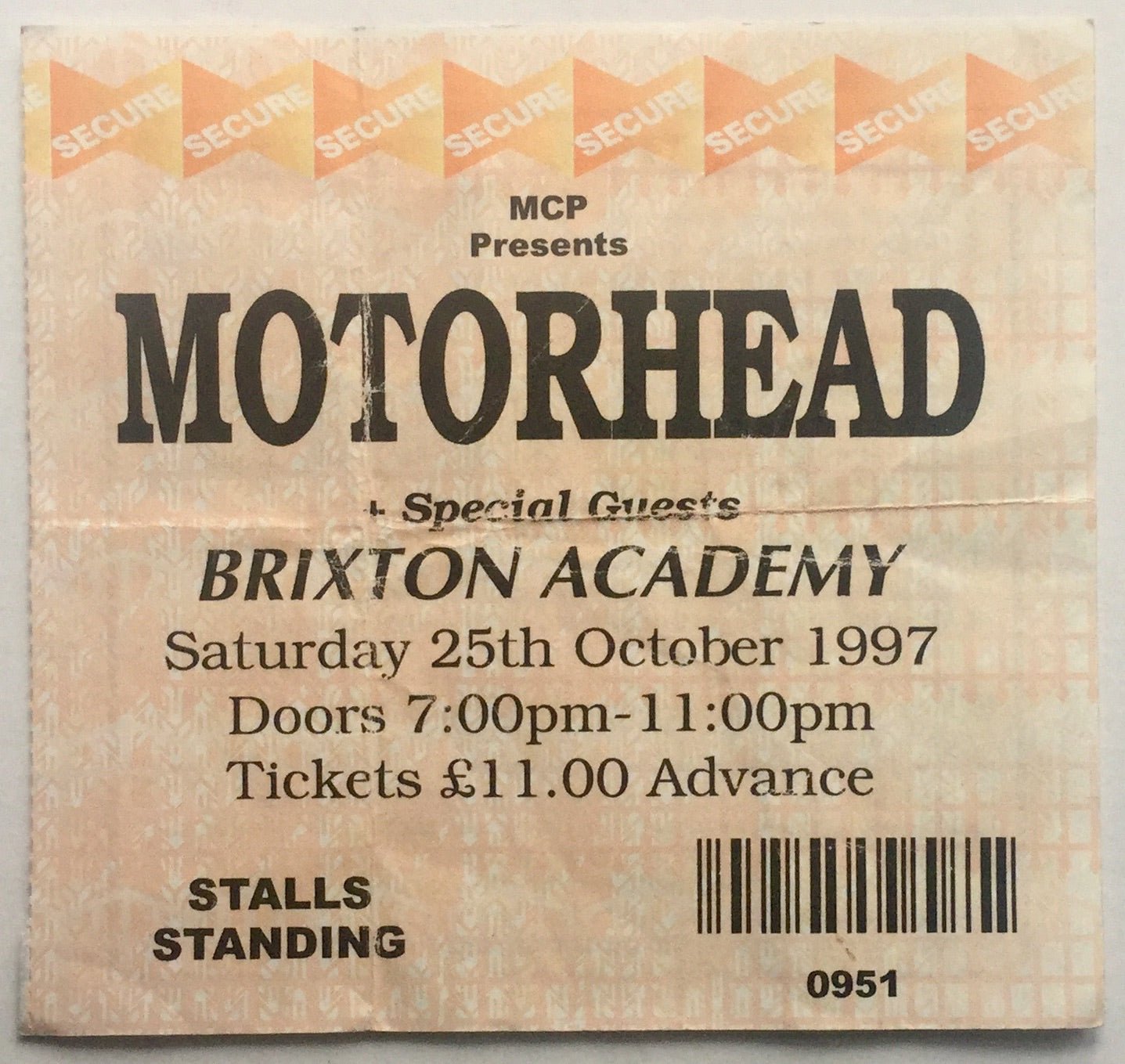 Motorhead Original Used Concert Ticket Brixton Academy London 25th Oct 1997