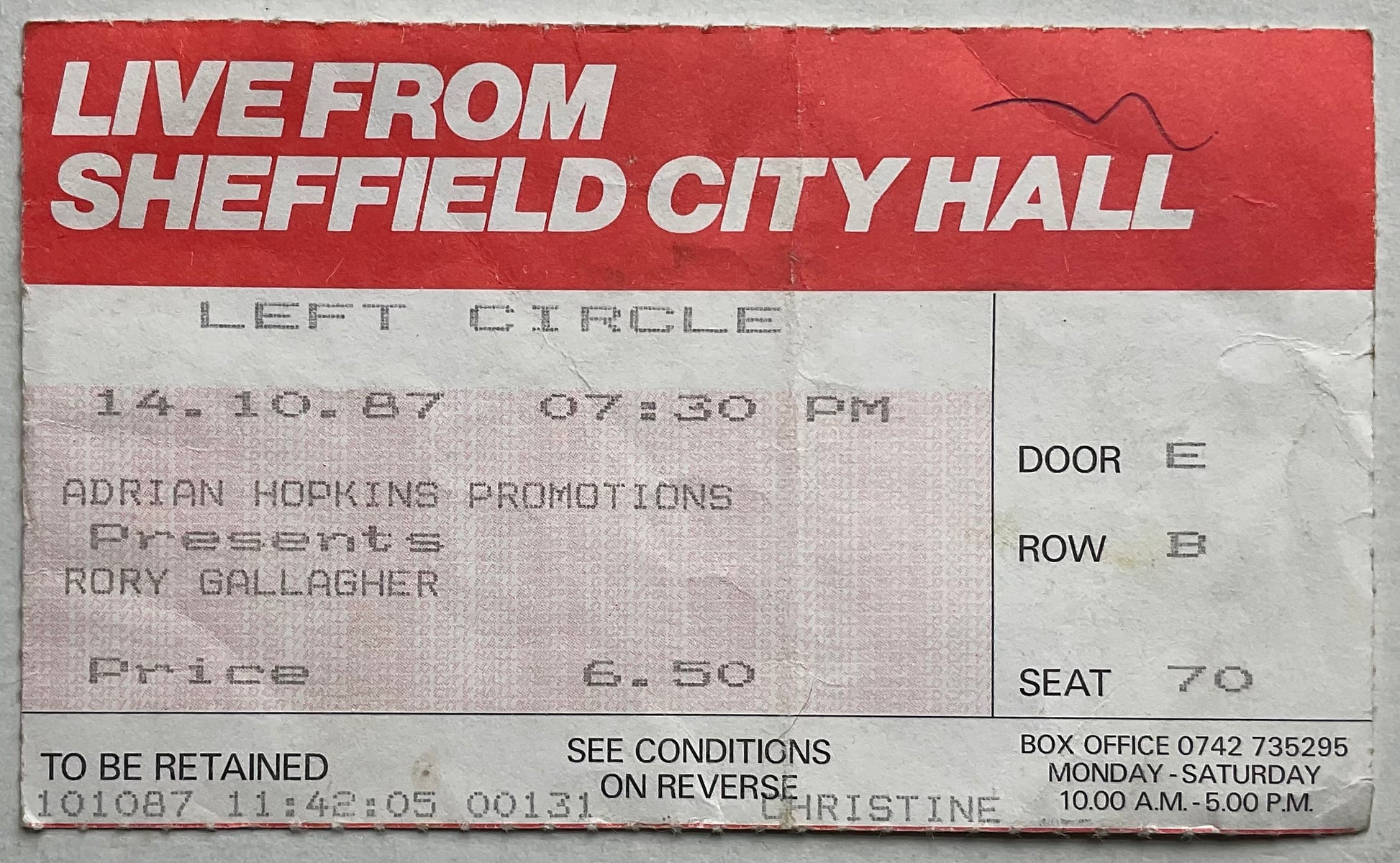 Rory Gallagher Original Used Concert Ticket City Hall Sheffield 14th Oct 1987