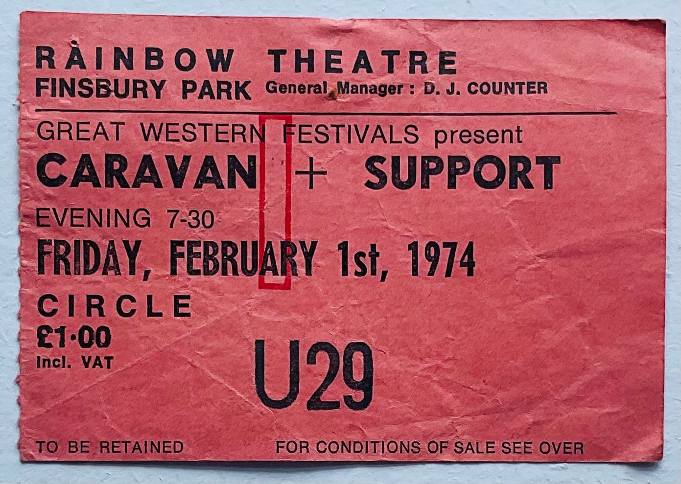 Caravan Original Used Concert Ticket Rainbow Theatre London 1st Feb 1974