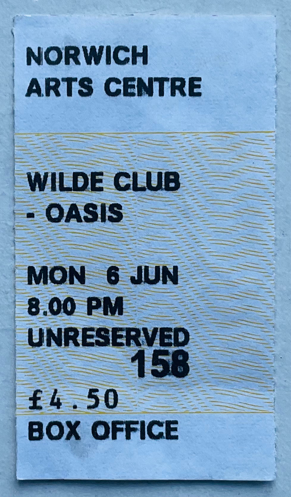 Oasis Original Concert Ticket Norwich Arts Centre 6th Jun 1994