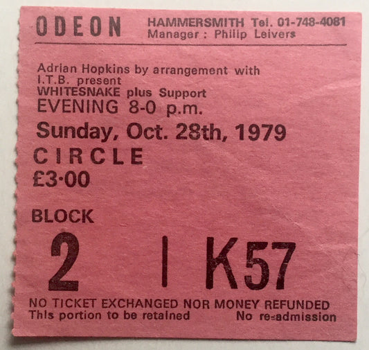 Whitesnake Original Used Concert Ticket Hammersmith Odeon London 28th Oct 1979