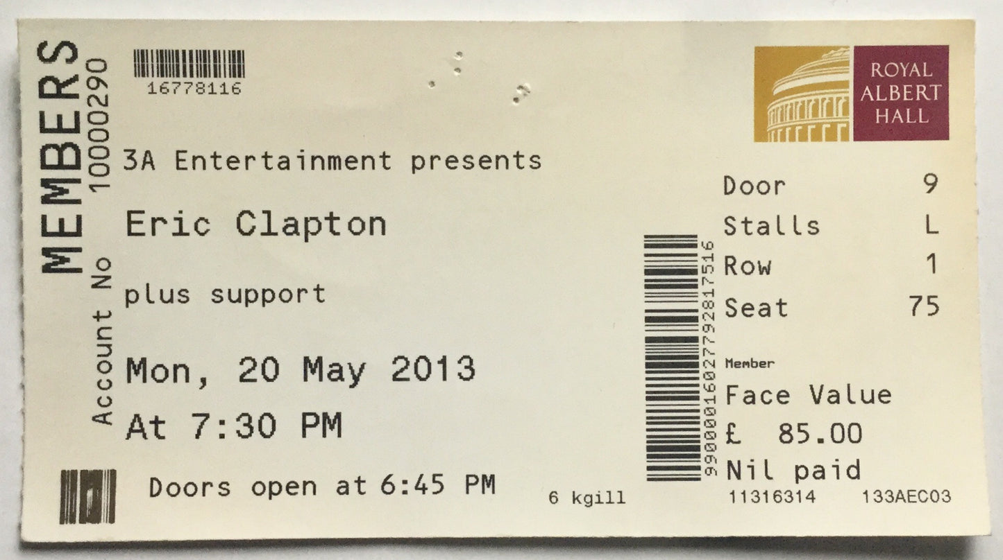 Eric Clapton Original Used Concert Ticket Royal Albert Hall London 20th May 2013