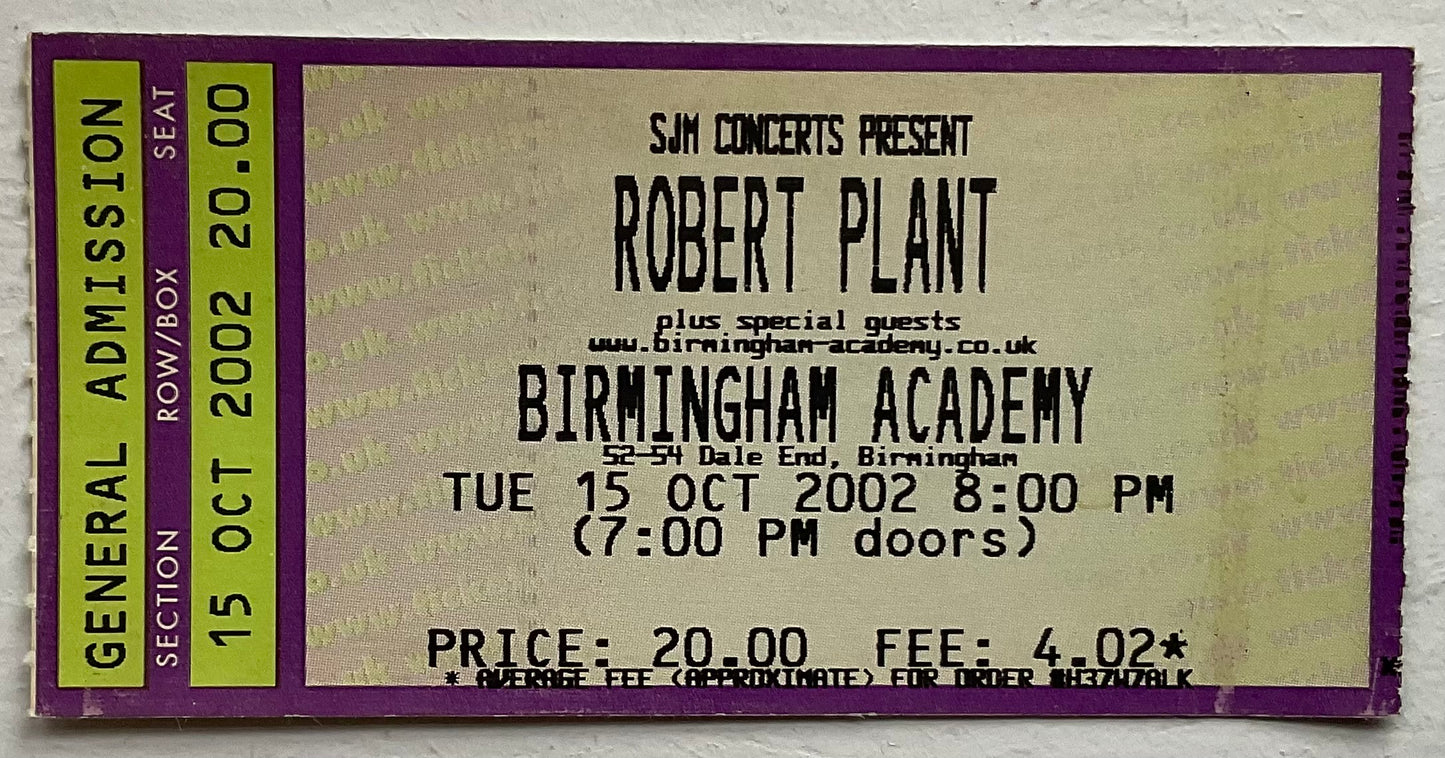 Led Zeppelin Robert Plant Original Used Concert Ticket Birmingham Academy 15th Oct 2002