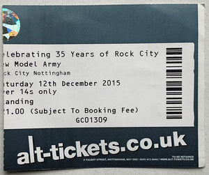 New Model Army Original Used Concert Ticket Rock City Nottingham 12th Dec 2015
