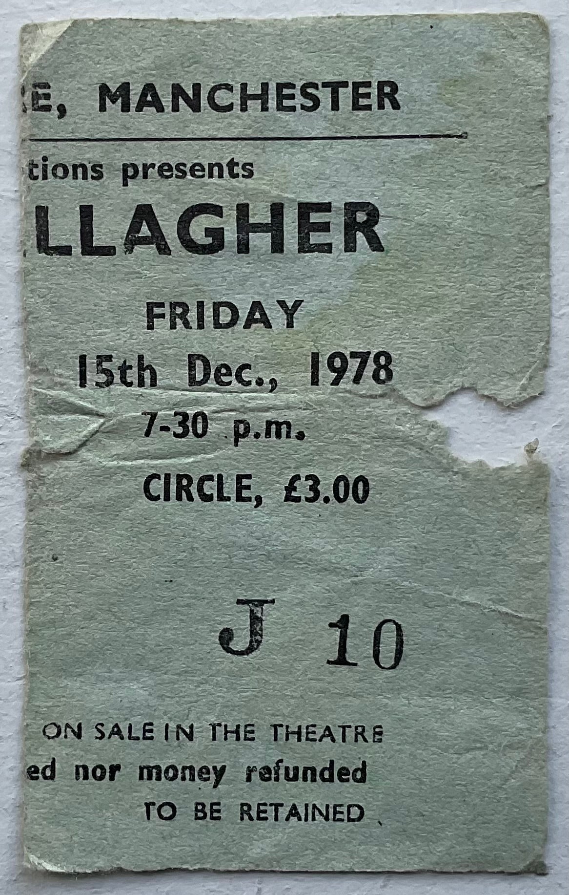 Rory Gallagher Original Concert Ticket Apollo Theatre Manchester 15th Dec 1978
